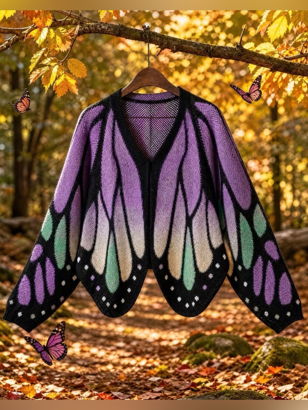 Purple Gradient Butterfly Wing V-Neck Sweater Cardigan